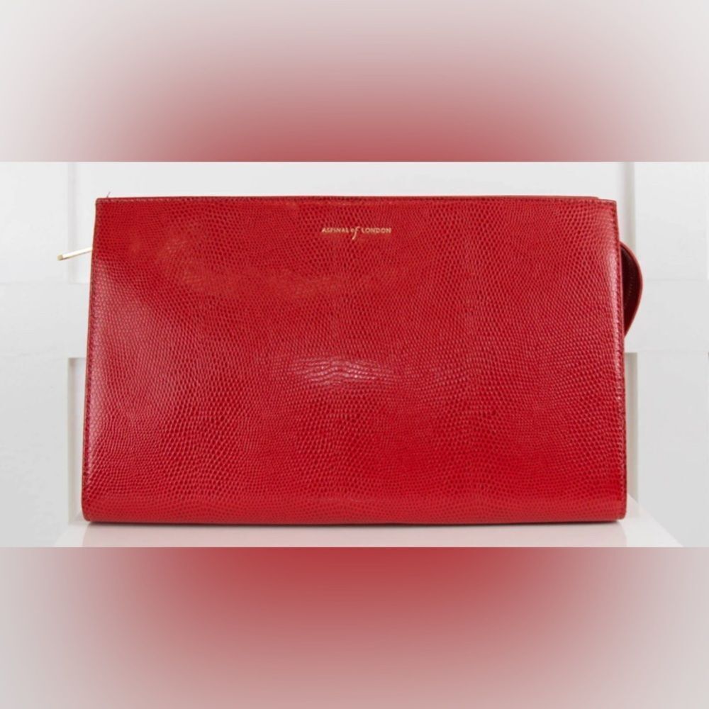NWOT Aspinal of London red reptile cosmetic case.